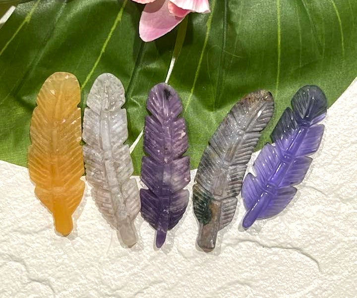 Feather Carving in Yellow Calcite, Flluorite, Lepidolite, Cherry Blossom Agate, Moss Agate or Aventurine.