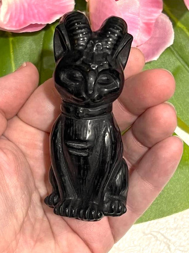 Black Obsidian Horned Cat Carving