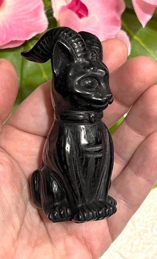 Black Obsidian Horned Cat Carving