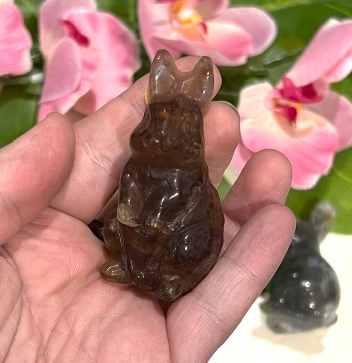 Large Carved Bunny Rabbit in Lepidolite, Yellow Fluorite or Moss Agate