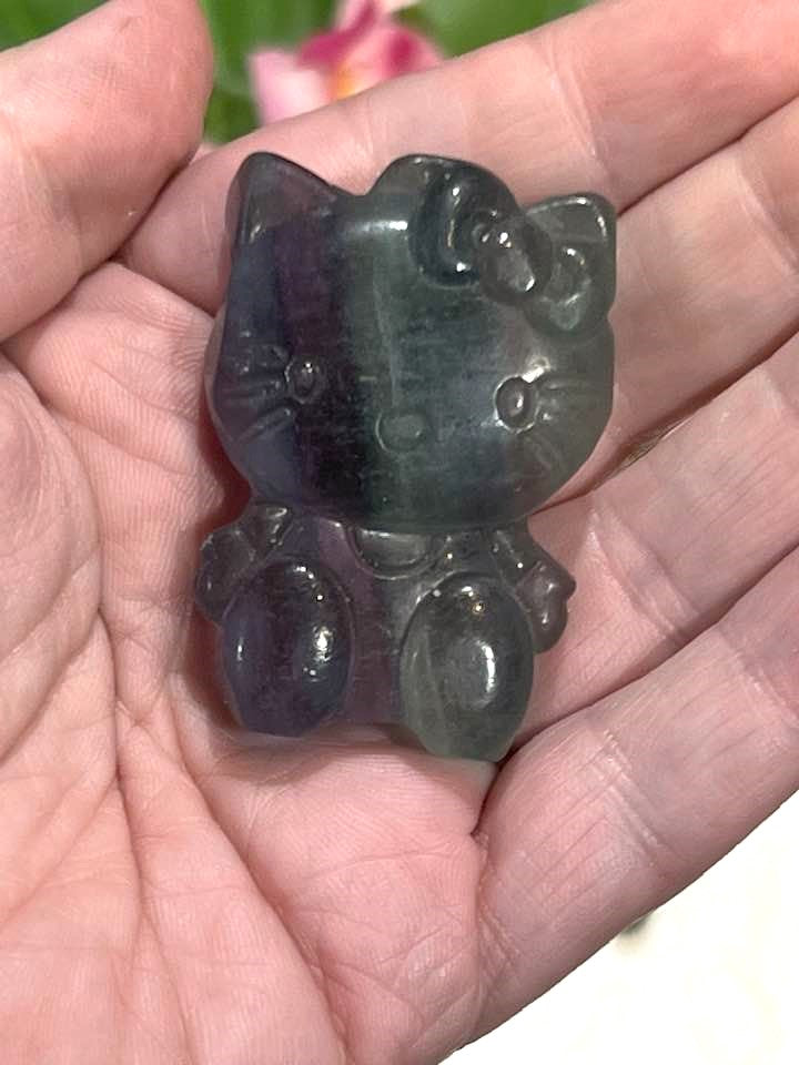 Hello Kitty Carving in Rainbow Fluorite or Labradorite