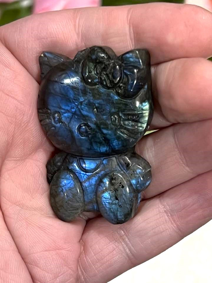 Hello Kitty Carving in Rainbow Fluorite or Labradorite