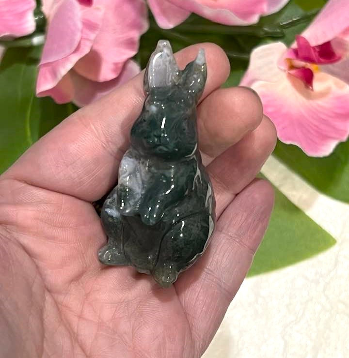 Large Carved Bunny Rabbit in Lepidolite, Yellow Fluorite or Moss Agate