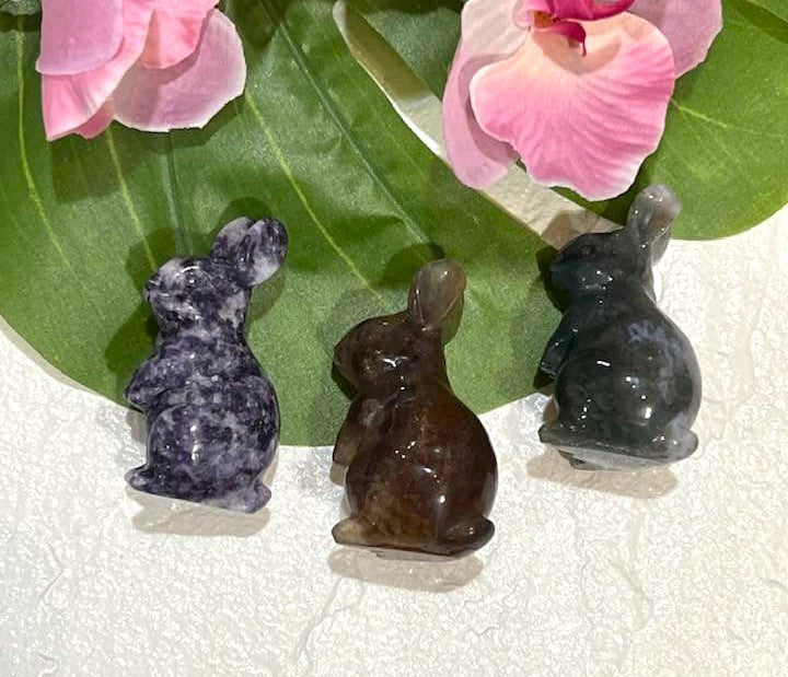 Large Carved Bunny Rabbit in Lepidolite, Yellow Fluorite or Moss Agate
