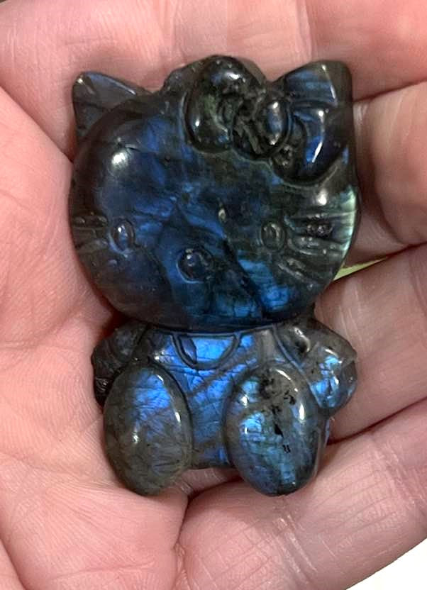 Hello Kitty Carving in Rainbow Fluorite or Labradorite