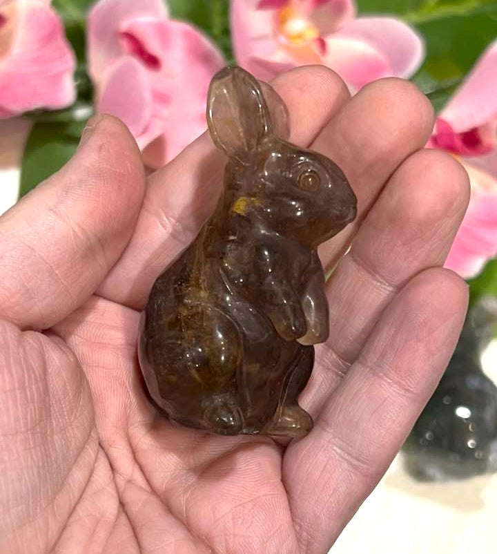 Large Carved Bunny Rabbit in Lepidolite, Yellow Fluorite or Moss Agate