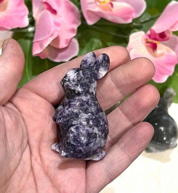 Large Carved Bunny Rabbit in Lepidolite, Yellow Fluorite or Moss Agate