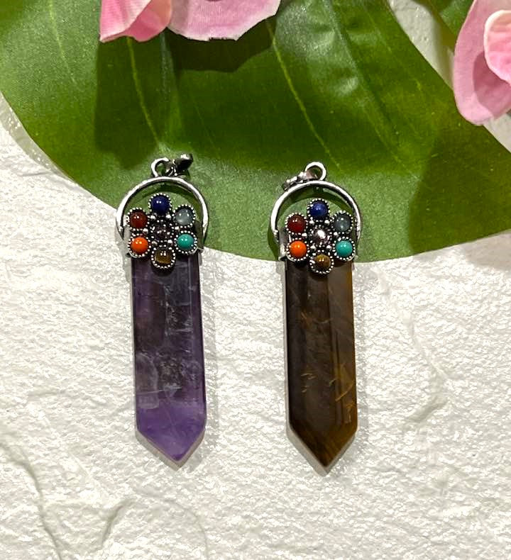 Chakra Flower Pendant in Amethyst or Tiger's Eye