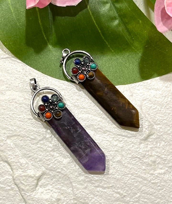 Chakra Flower Pendant in Amethyst or Tiger's Eye