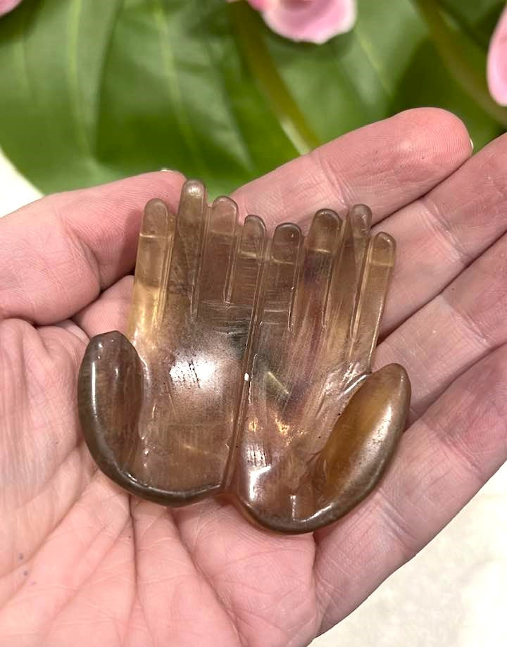 Praying Hands in Yellow Fluorite, Green Fluorite, Yellow Calcite, Green Aventurine and Clear Quartz