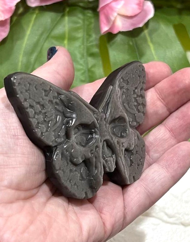 Gothic Skull Moth in Silver Sheen Obsidian