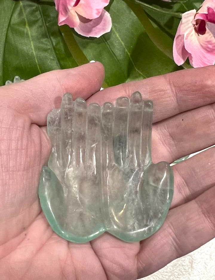 Praying Hands in Yellow Fluorite, Green Fluorite, Yellow Calcite, Green Aventurine and Clear Quartz