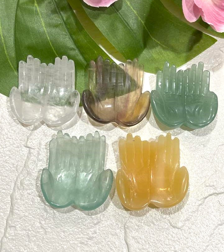 Praying Hands in Yellow Fluorite, Green Fluorite, Yellow Calcite, Green Aventurine and Clear Quartz