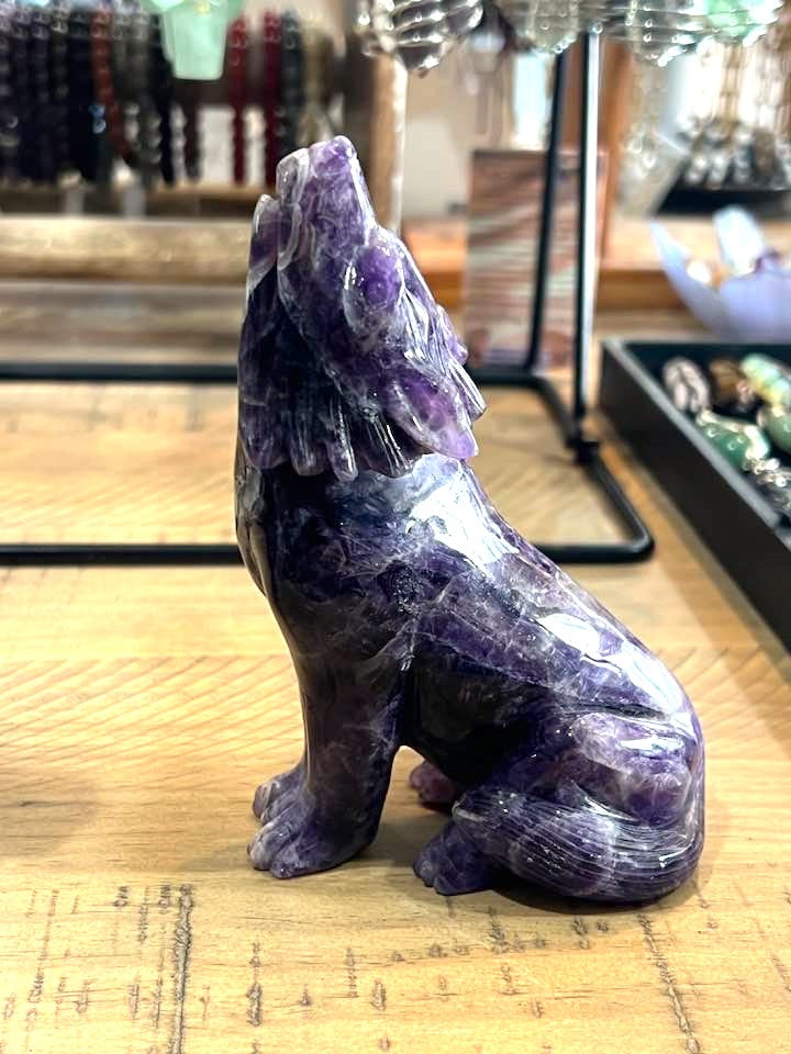 Howling Wolf Carving in Amethyst or Rainbow Fluorite