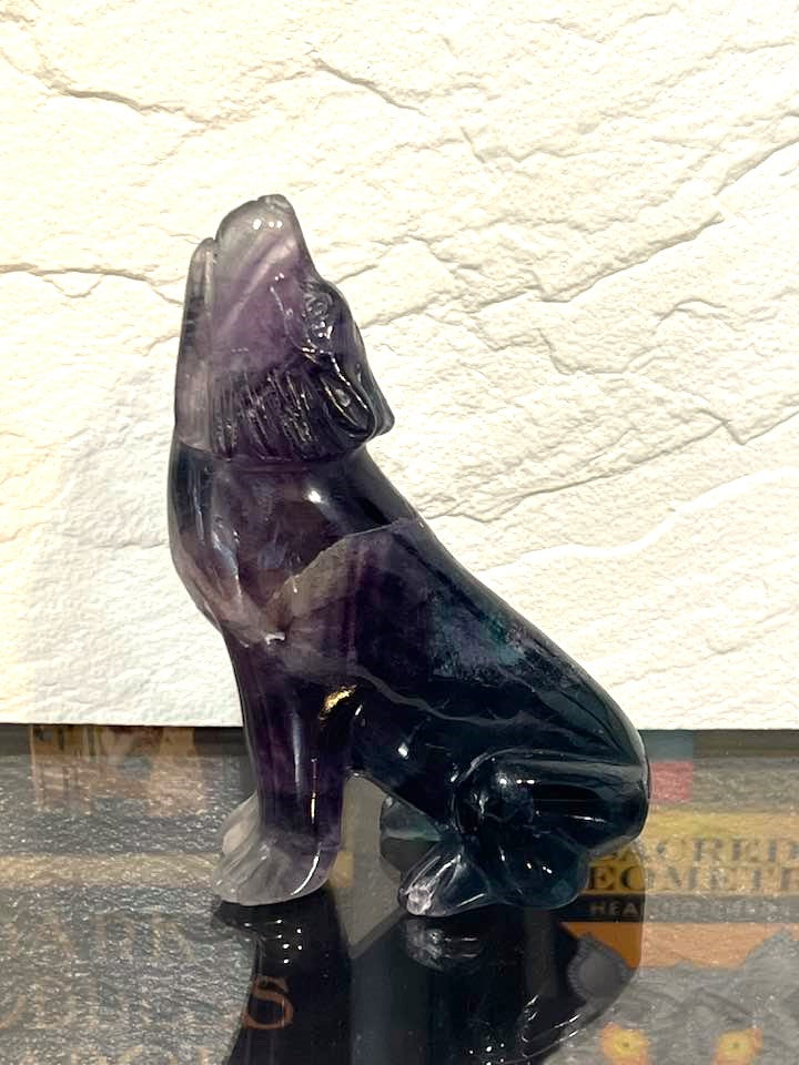 Howling Wolf Carving in Amethyst or Rainbow Fluorite