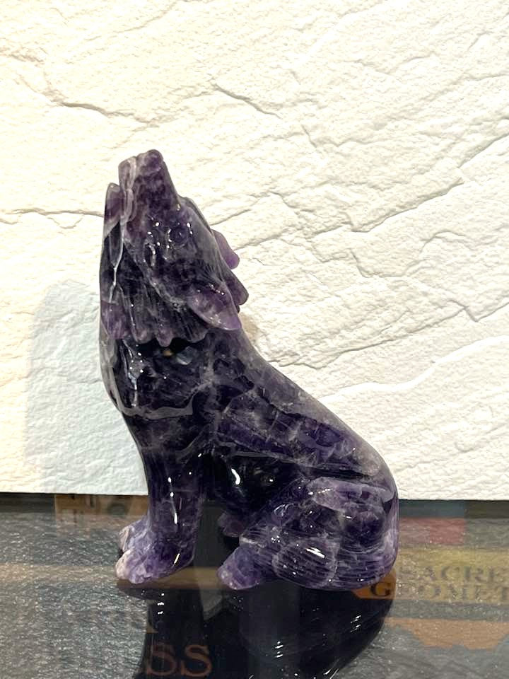 Howling Wolf Carving in Amethyst or Rainbow Fluorite