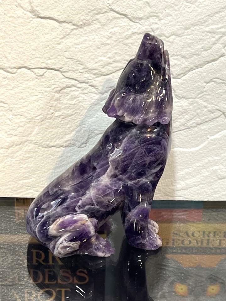 Howling Wolf Carving in Amethyst or Rainbow Fluorite