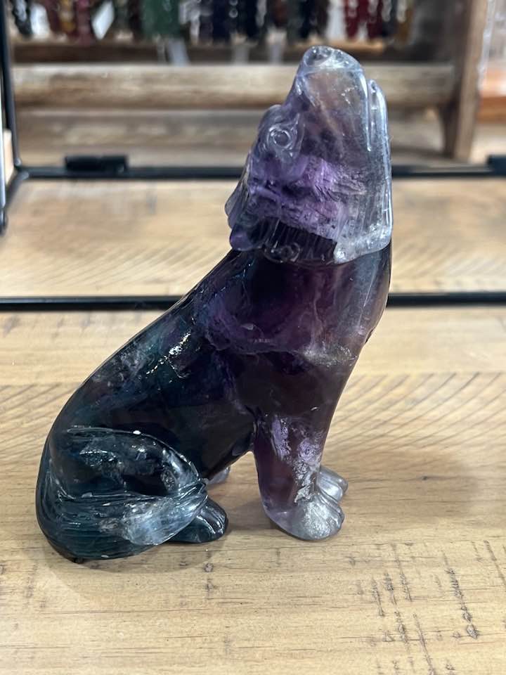 Howling Wolf Carving in Amethyst or Rainbow Fluorite