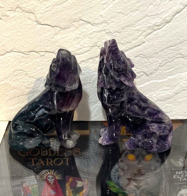 Howling Wolf Carving in Amethyst or Rainbow Fluorite