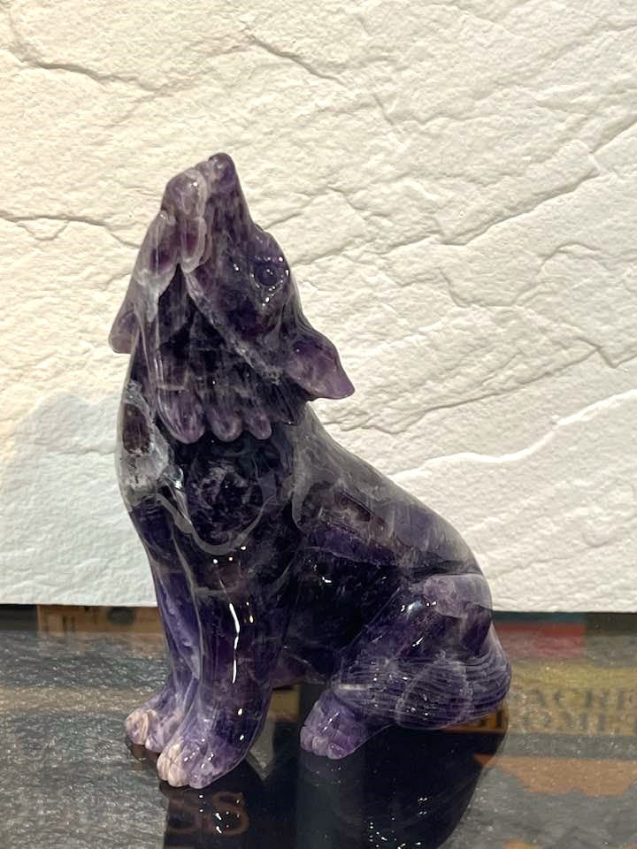Howling Wolf Carving in Amethyst or Rainbow Fluorite
