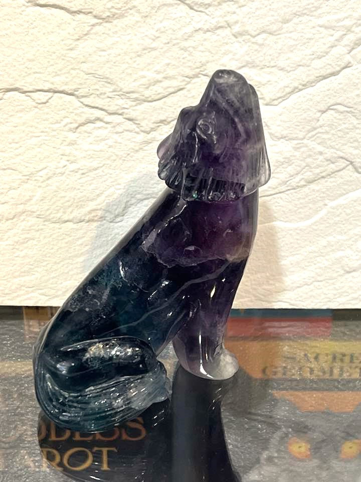 Howling Wolf Carving in Amethyst or Rainbow Fluorite