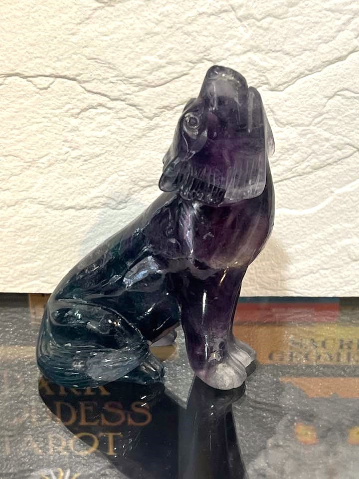 Howling Wolf Carving in Amethyst or Rainbow Fluorite