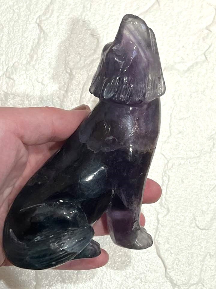 Howling Wolf Carving in Amethyst or Rainbow Fluorite