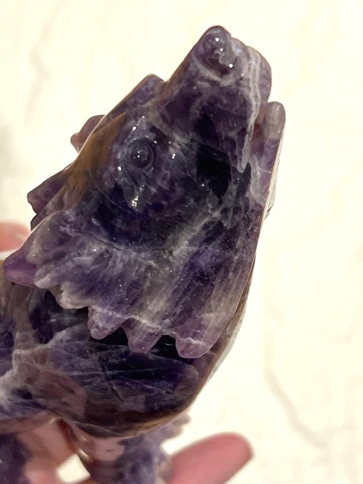 Howling Wolf Carving in Amethyst or Rainbow Fluorite