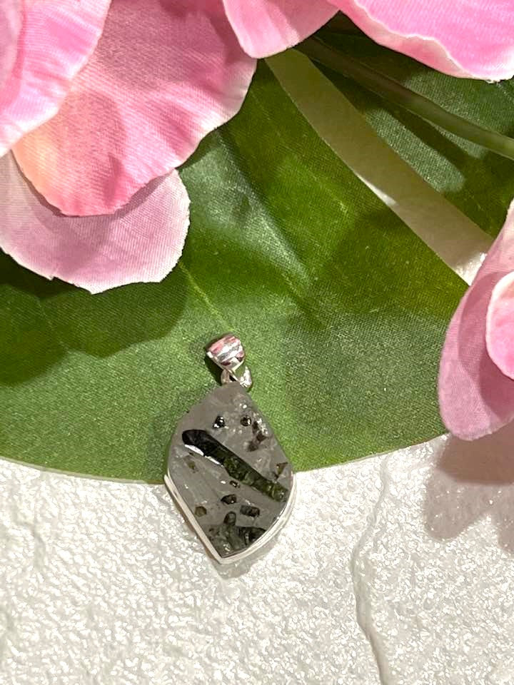 Sterling Silver Green Tourmaline in Quartz Pendant Collection - Raw