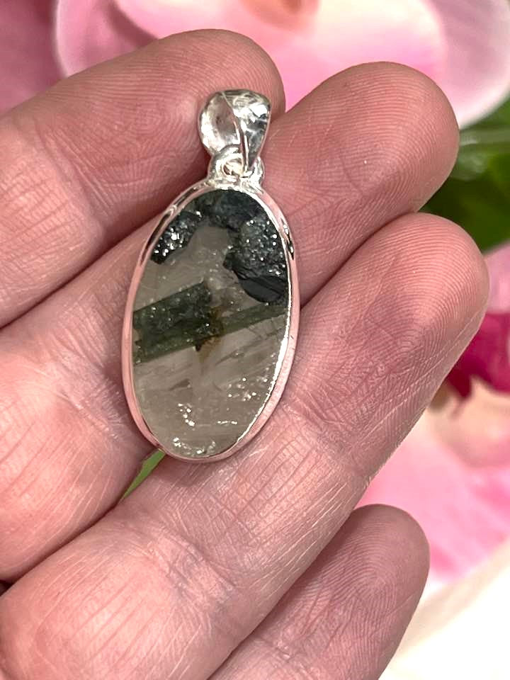 Sterling Silver Green Tourmaline in Quartz Pendant Collection - Raw