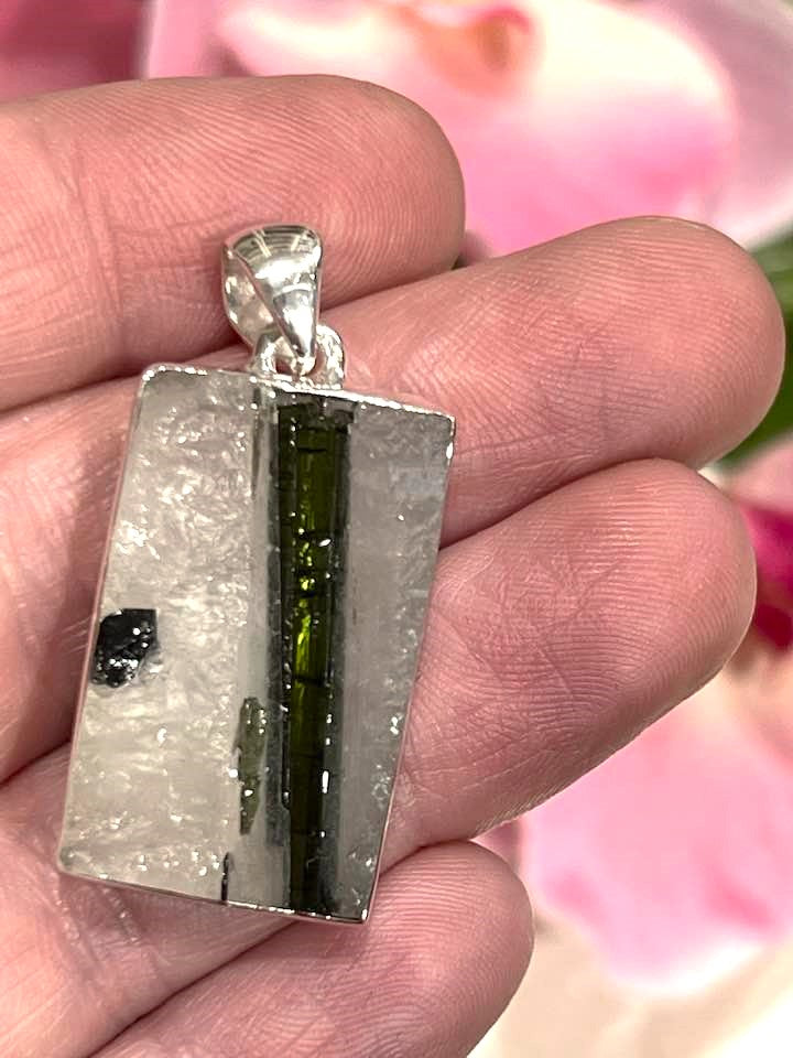 Sterling Silver Green Tourmaline in Quartz Pendant Collection - Raw