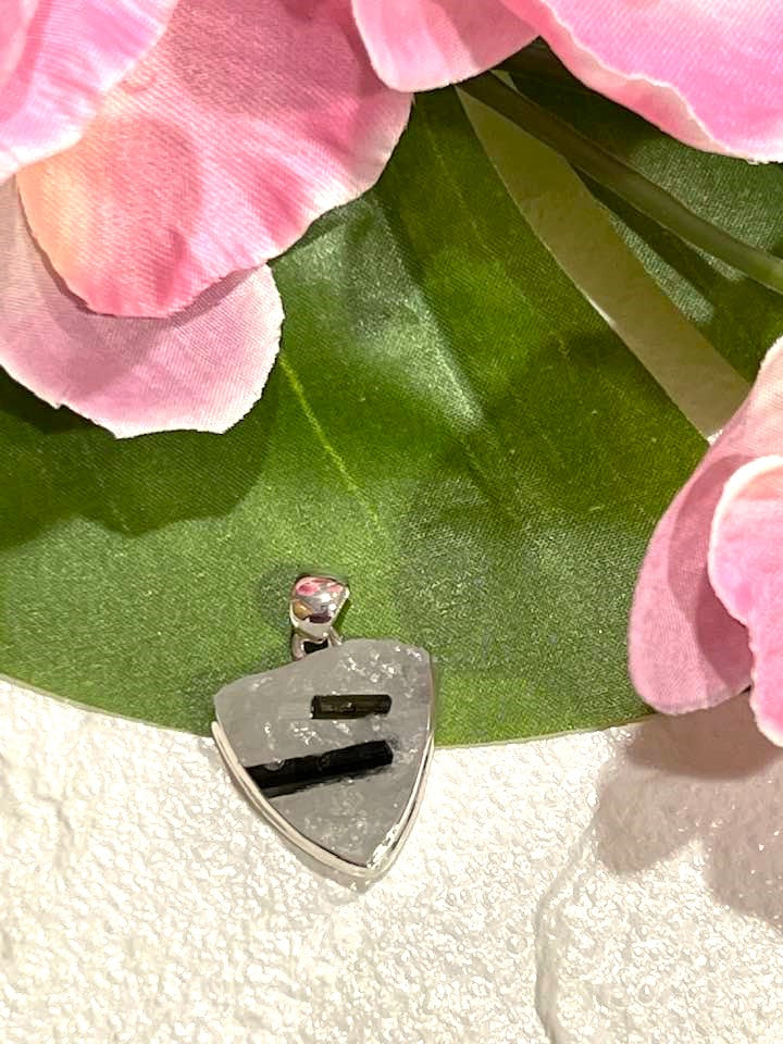Sterling Silver Green Tourmaline in Quartz Pendant Collection - Raw