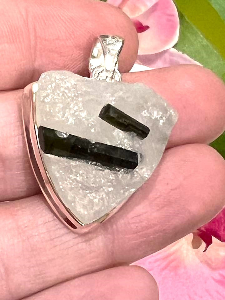 Sterling Silver Green Tourmaline in Quartz Pendant Collection - Raw