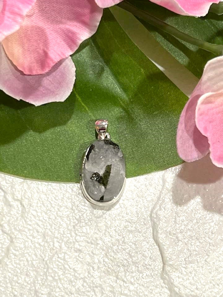 Sterling Silver Green Tourmaline in Quartz Pendant Collection - Raw