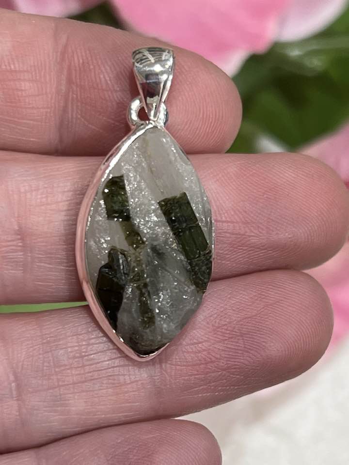 Sterling Silver Green Tourmaline in Quartz Pendant Collection - Raw