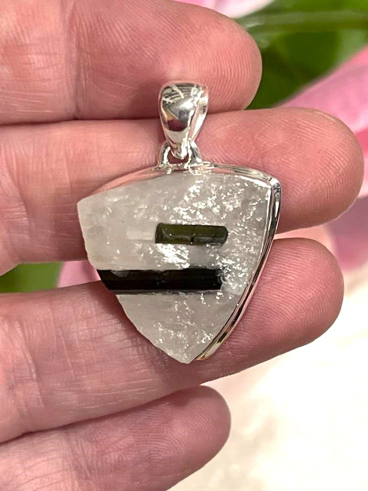 Sterling Silver Green Tourmaline in Quartz Pendant Collection - Raw