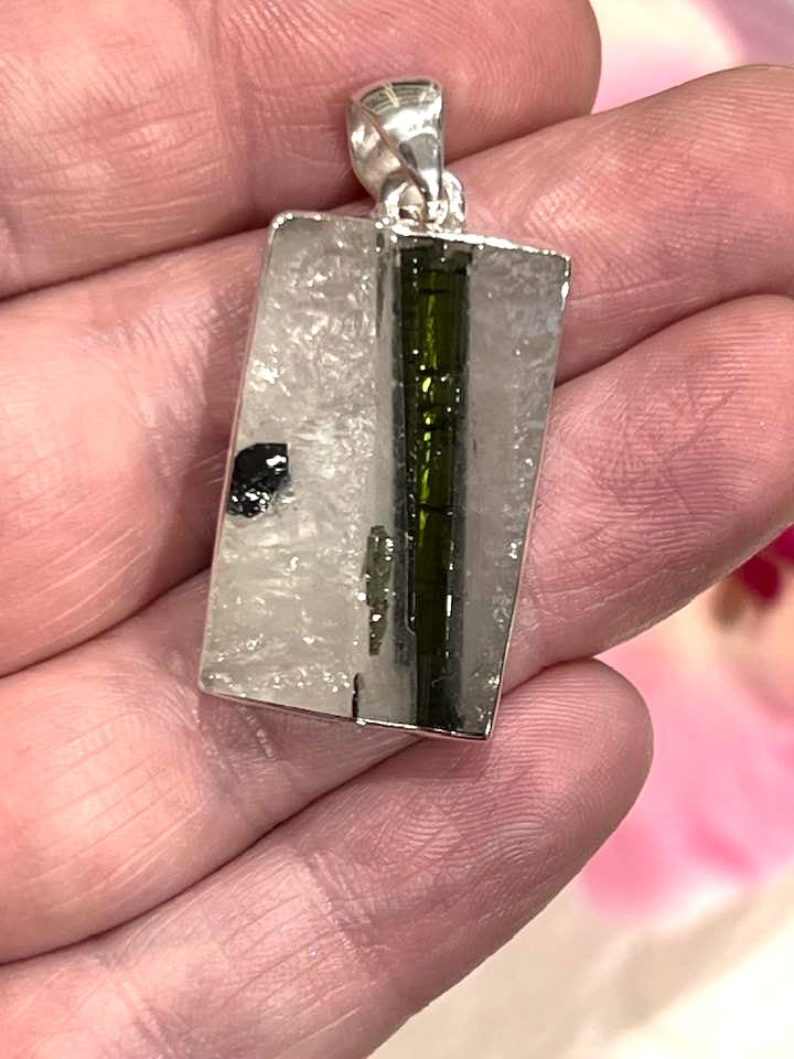 Sterling Silver Green Tourmaline in Quartz Pendant Collection - Raw