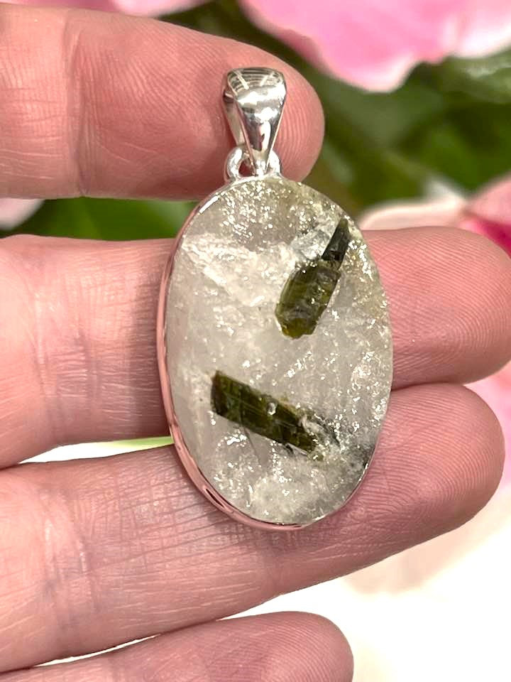 Sterling Silver Green Tourmaline in Quartz Pendant Collection - Raw