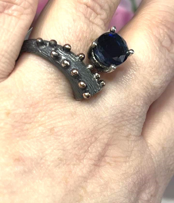 Artisan Turkish .925 Silver Asymmetrical Ring with Deep Blue Kyanite Size 9.5