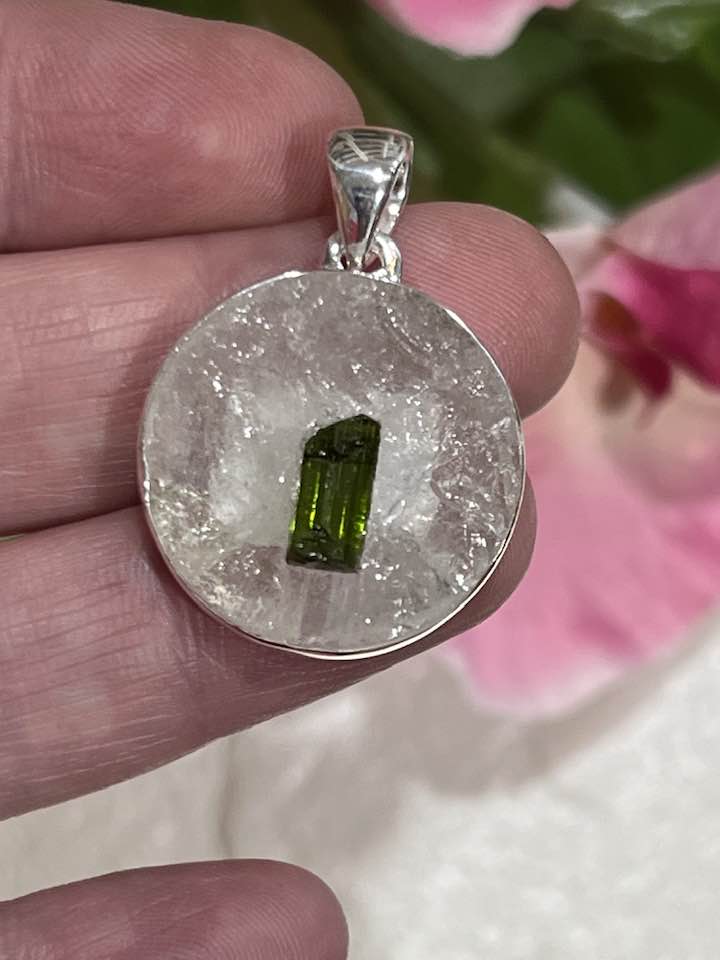 Sterling Silver Green Tourmaline in Quartz Pendant Collection - Raw
