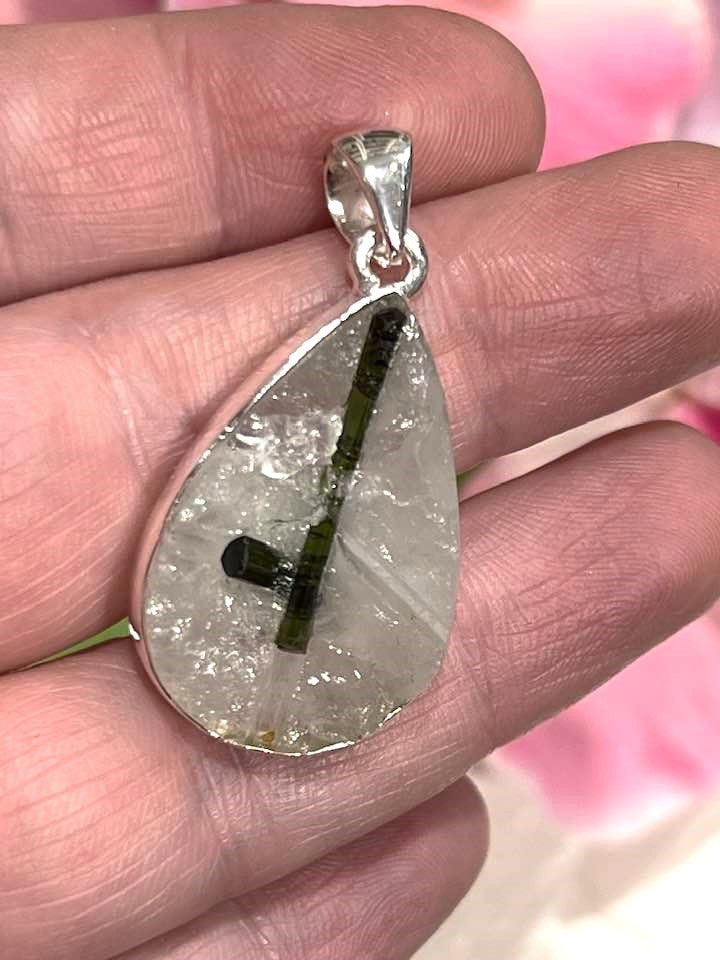 Sterling Silver Green Tourmaline in Quartz Pendant Collection - Raw