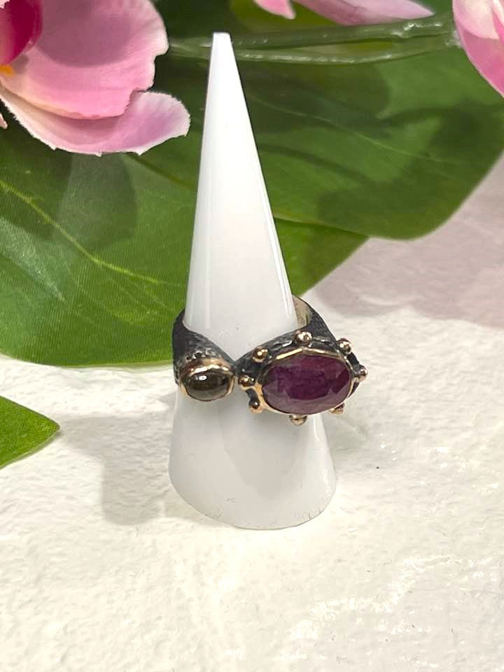 Artisan Turkish .925 Silver Ring with Red Ruby and Tourmaline Size 8.5