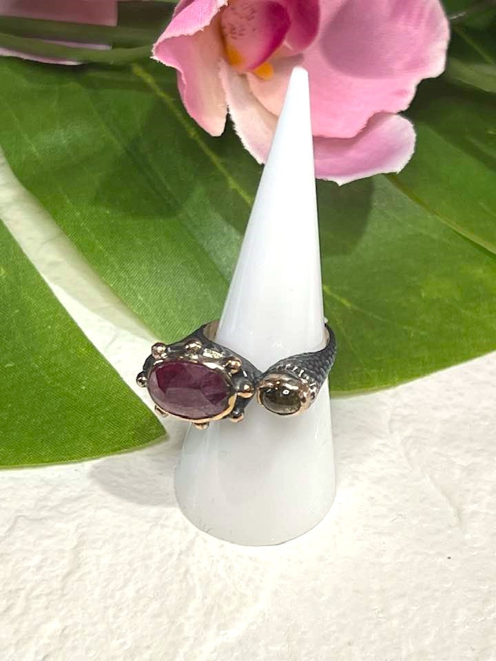 Artisan Turkish .925 Silver Ring with Red Ruby and Tourmaline Size 8.5