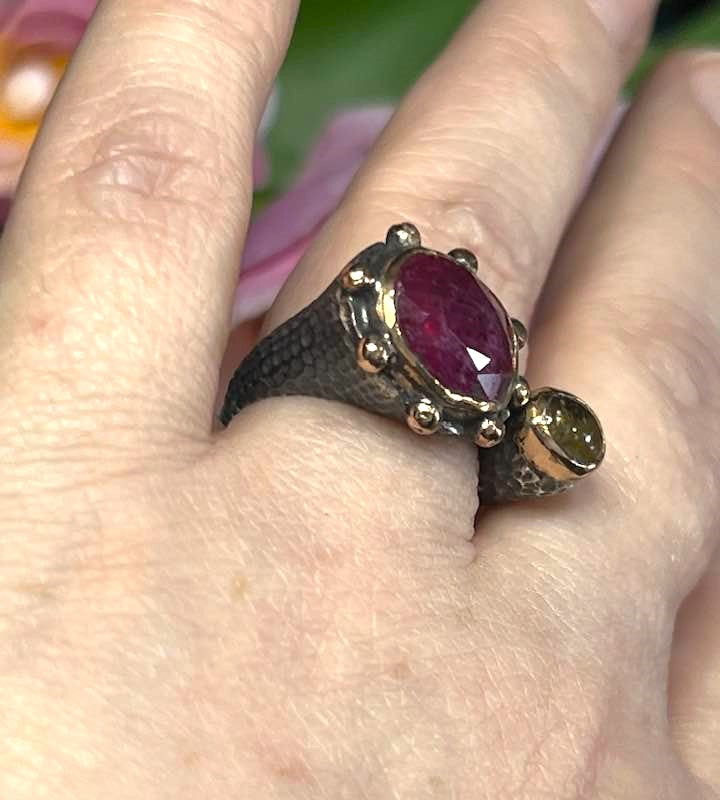 Artisan Turkish .925 Silver Ring with Red Ruby and Tourmaline Size 8.5