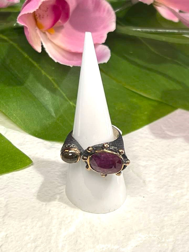 Artisan Turkish .925 Silver Ring with Red Ruby and Tourmaline Size 8.5