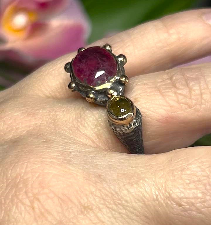 Artisan Turkish .925 Silver Ring with Red Ruby and Tourmaline Size 8.5