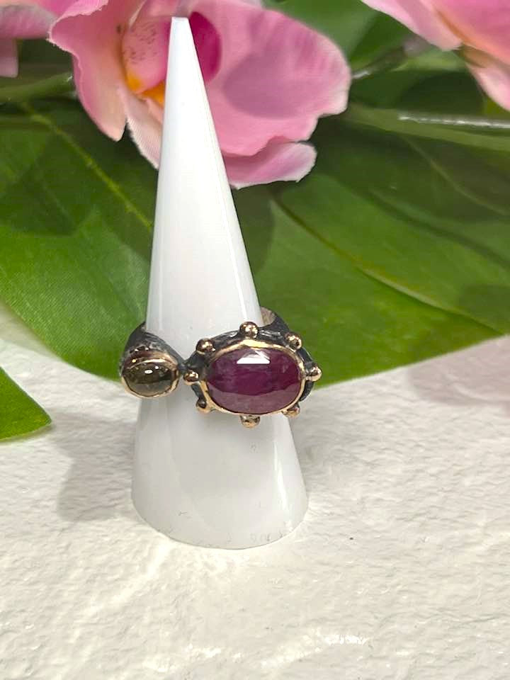 Artisan Turkish .925 Silver Ring with Red Ruby and Tourmaline Size 8.5