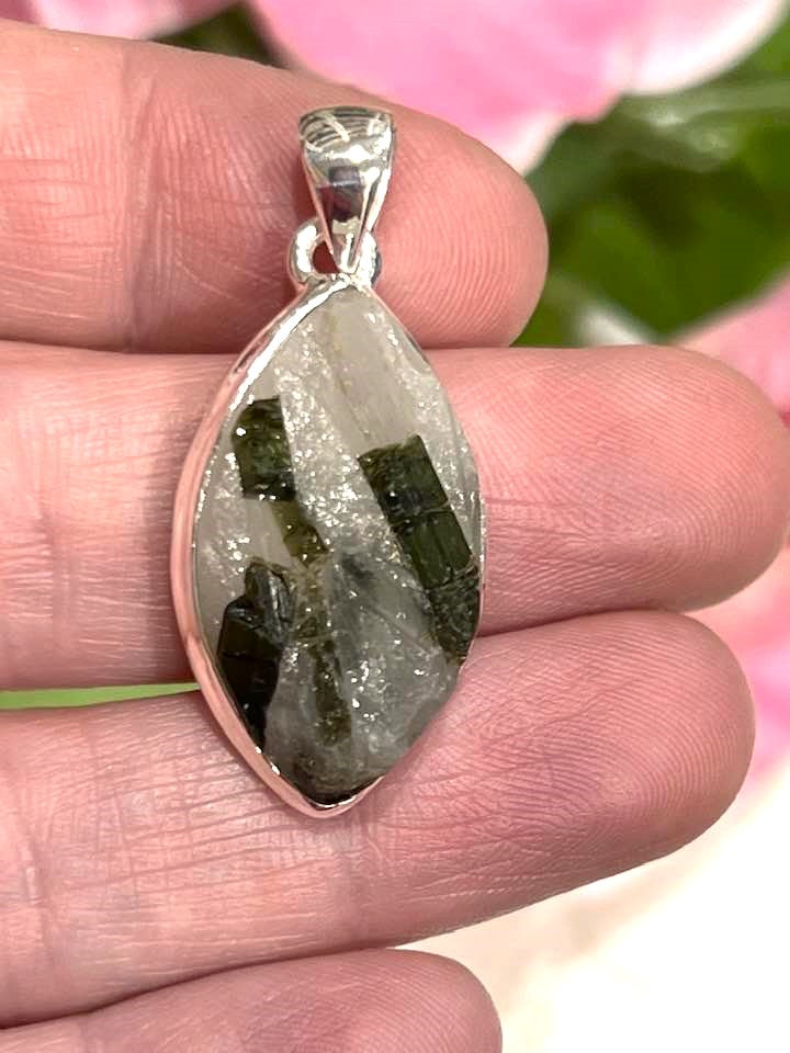 Sterling Silver Green Tourmaline in Quartz Pendant Collection - Raw