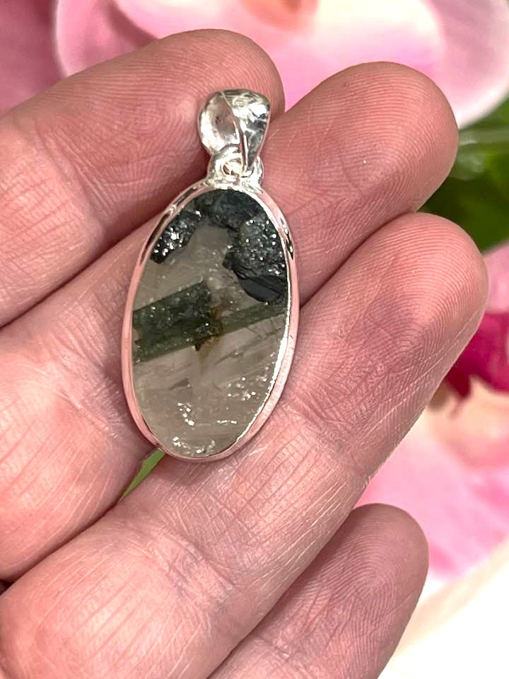 Sterling Silver Green Tourmaline in Quartz Pendant Collection - Raw