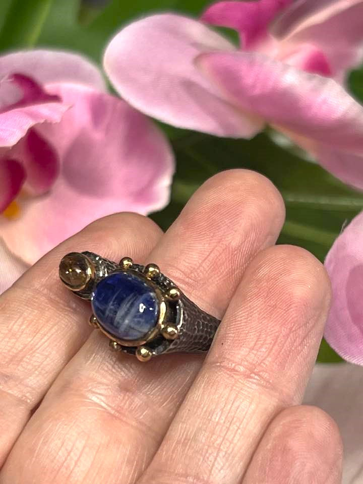 Artisan Turkish .925 Silver with Blue Kyanite and Yellow Tourmaline Size 8.5